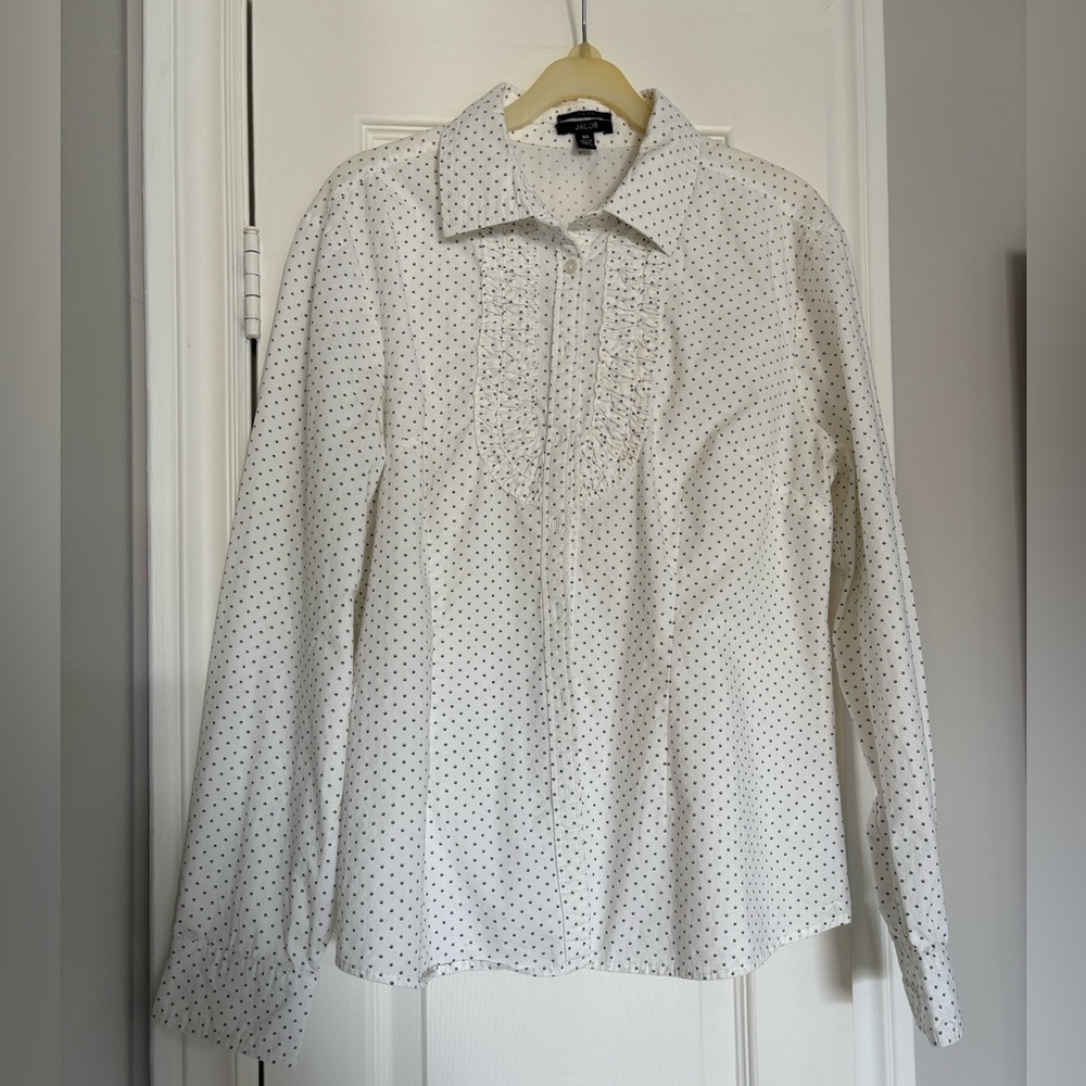 White and black ruffle front cotton blouse size large